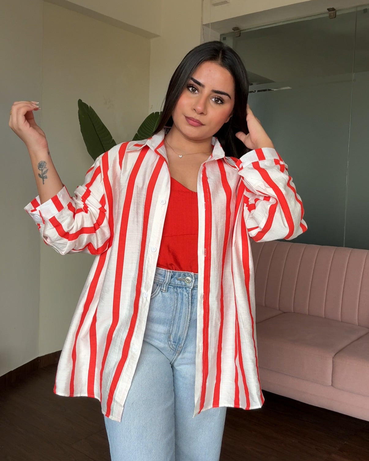 Striped Linen Oversized Shirt With Cami Top