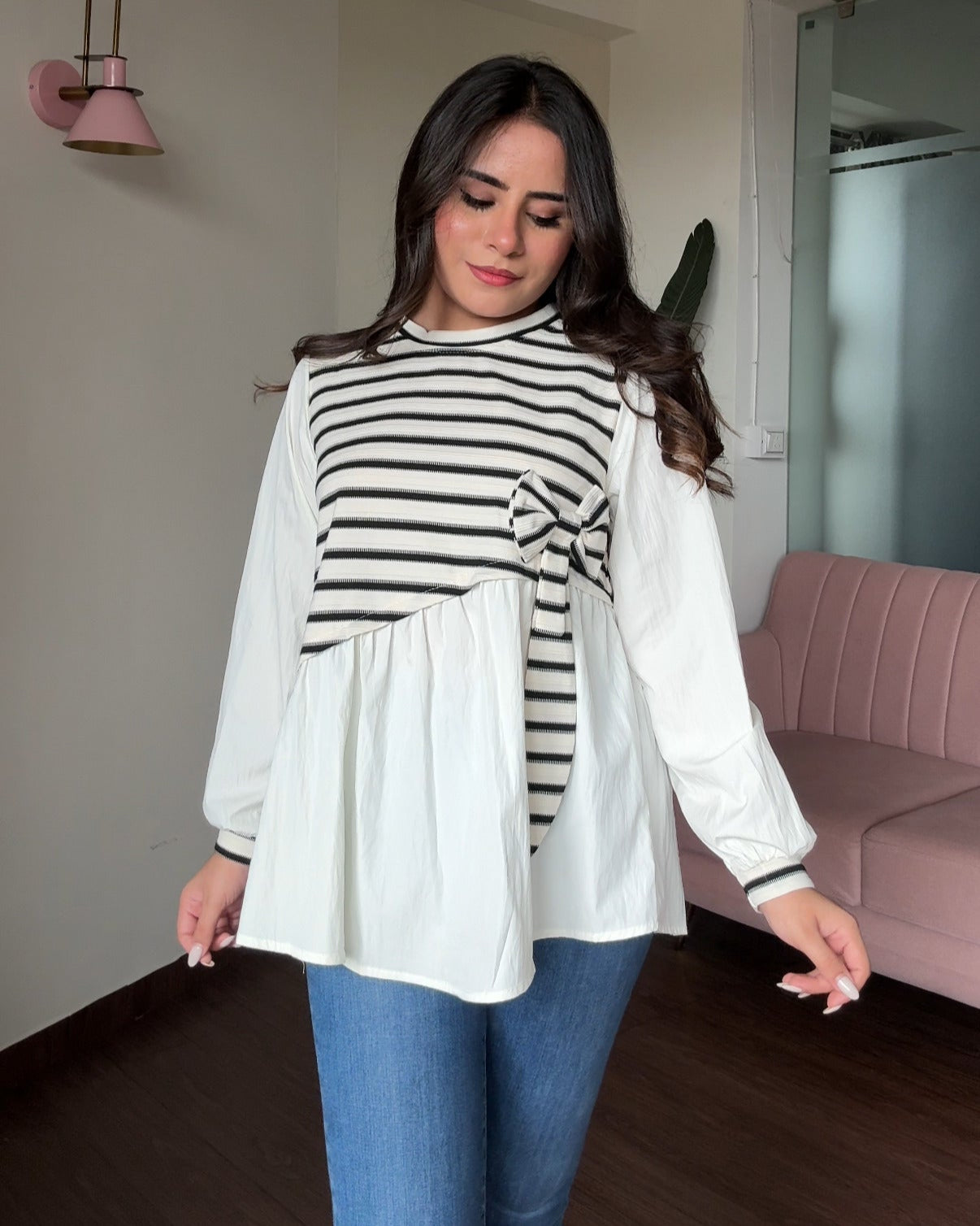 Striped Oversized Peplum Top With Bow