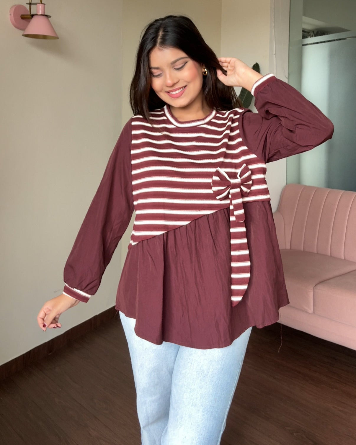 Striped Oversized Peplum Top With Bow