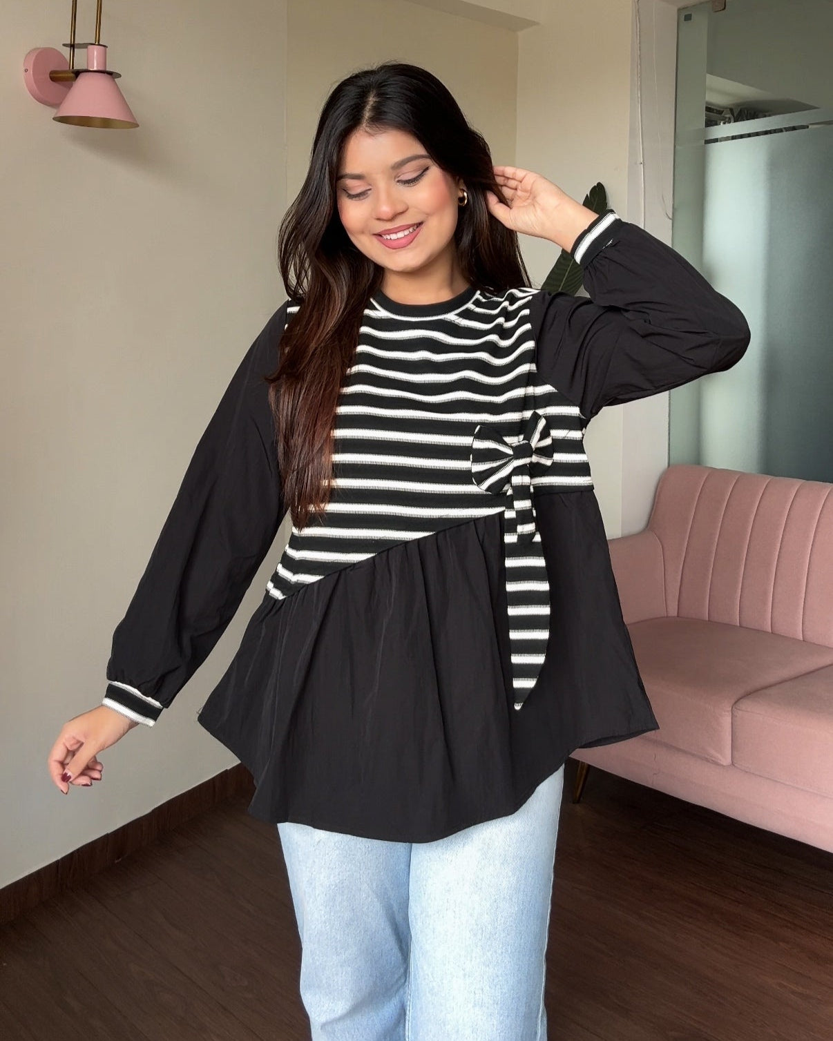 Striped Oversized Peplum Top With Bow