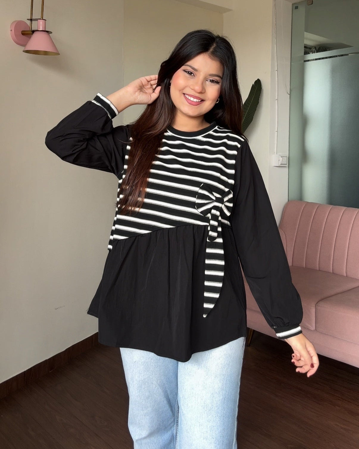 Striped Oversized Peplum Top With Bow
