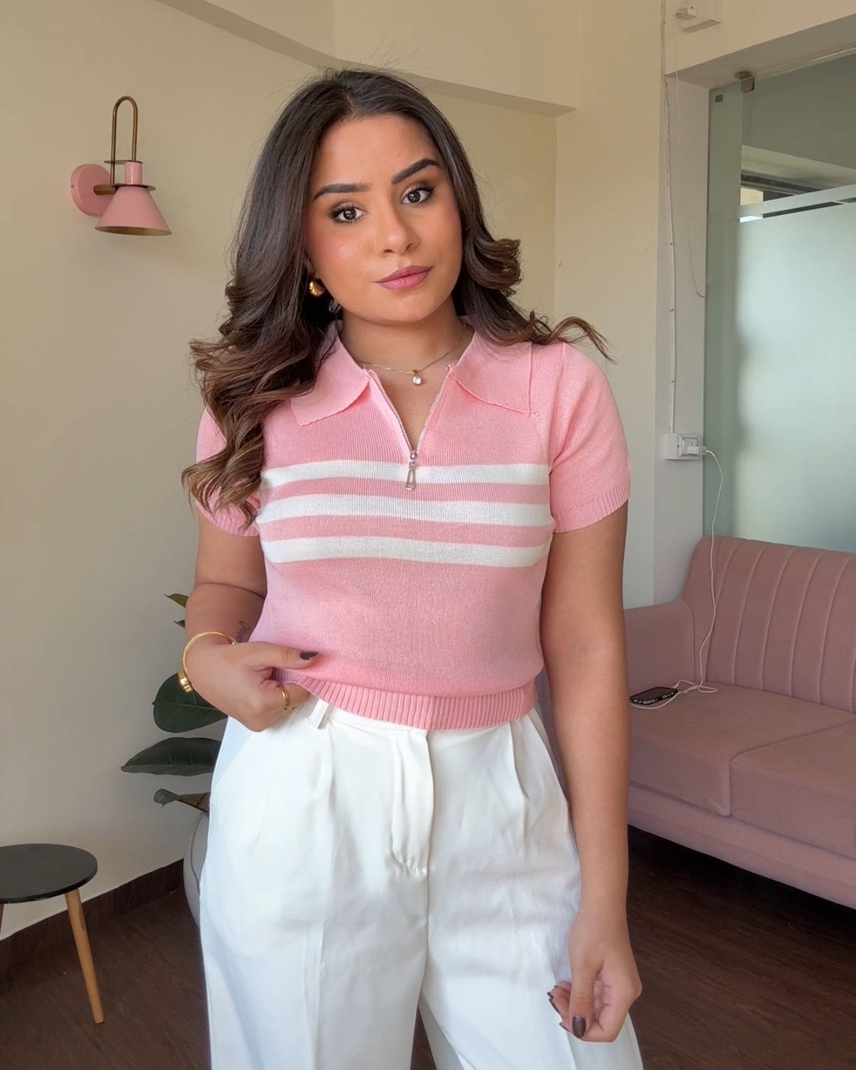 Striped Zipper Polo Tee