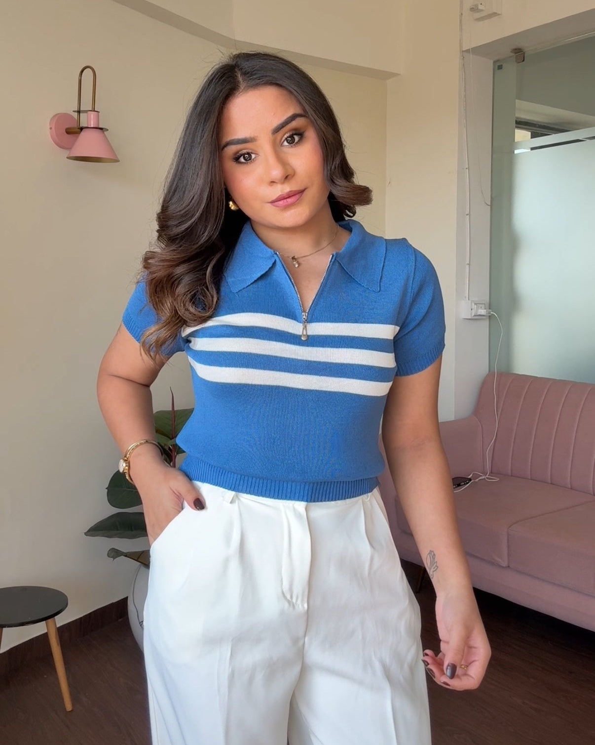 Striped Zipper Polo Tee