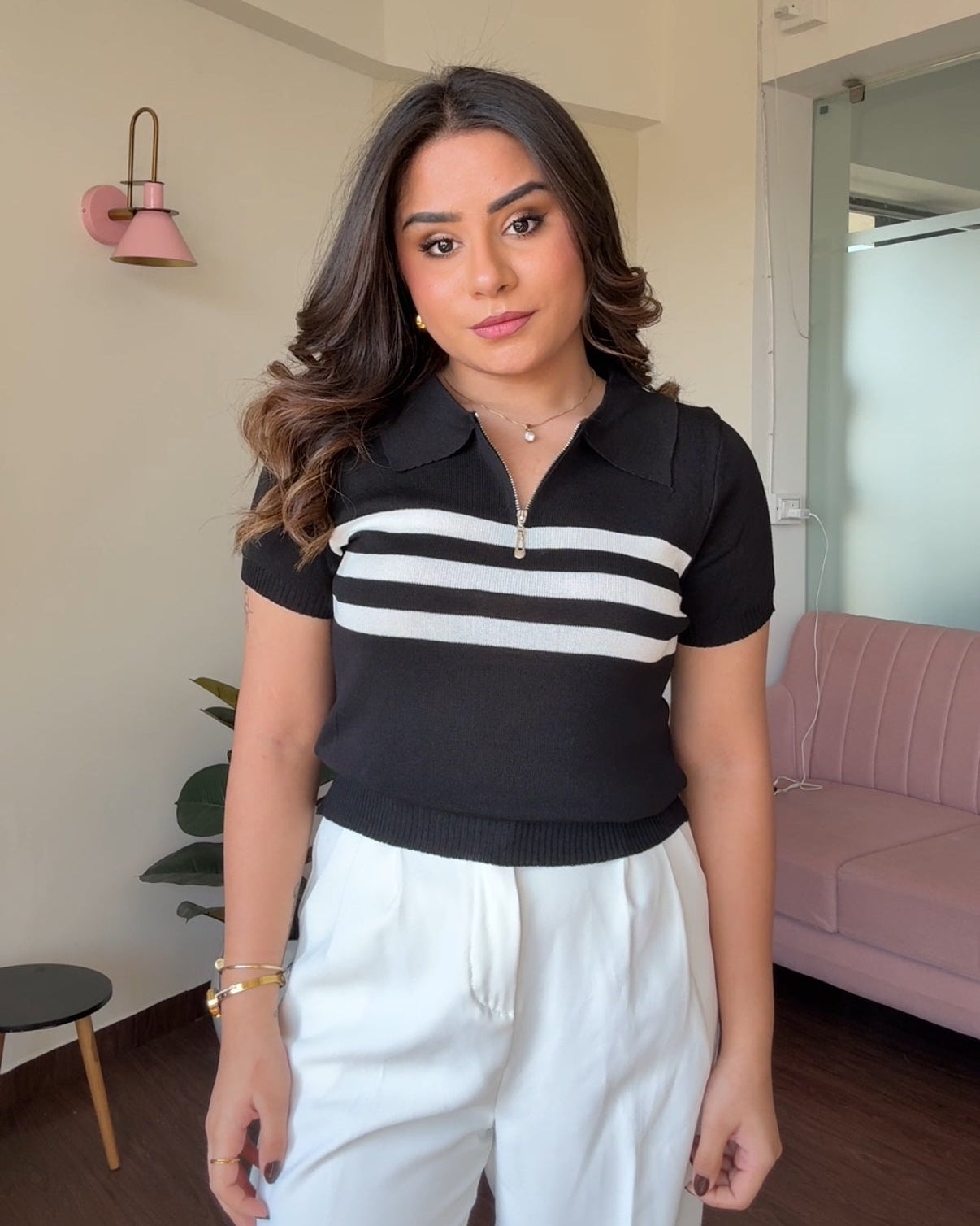 Striped Zipper Polo Tee