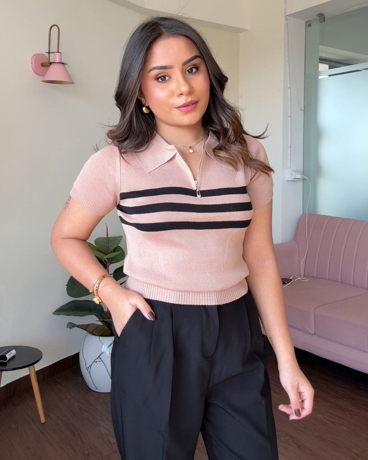 Striped Zipper Polo Tee