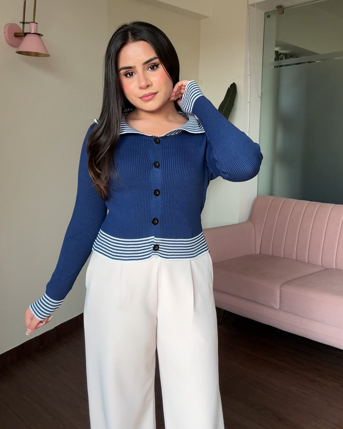 Stripped Button-Up Boat Neck Full Sleeve Top