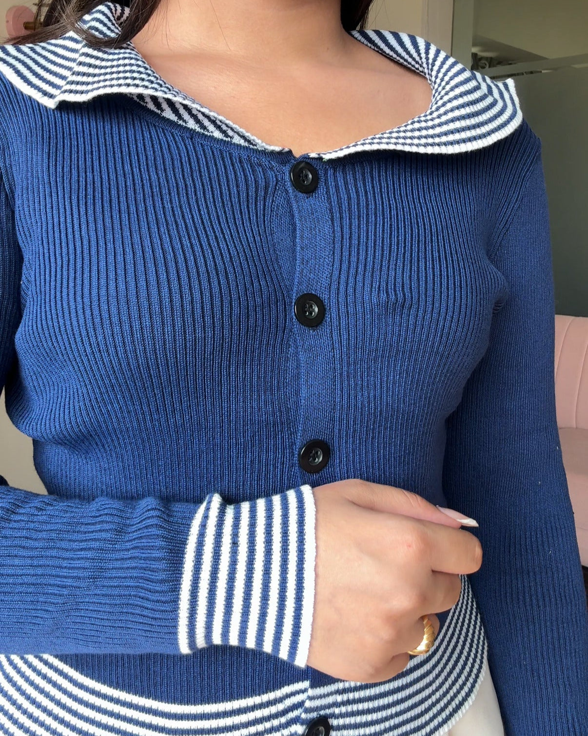 Stripped Button-Up Boat Neck Full Sleeve Top