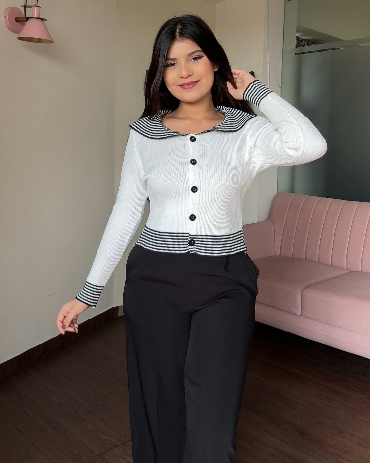 Stripped Button-Up Boat Neck Full Sleeve Top