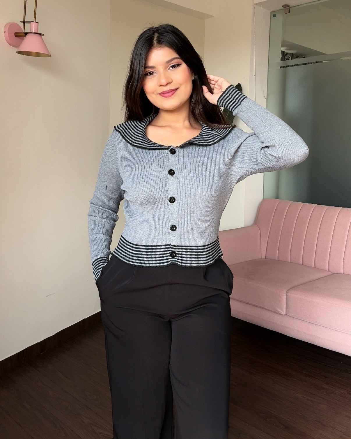 Stripped Button-Up Boat Neck Full Sleeve Top