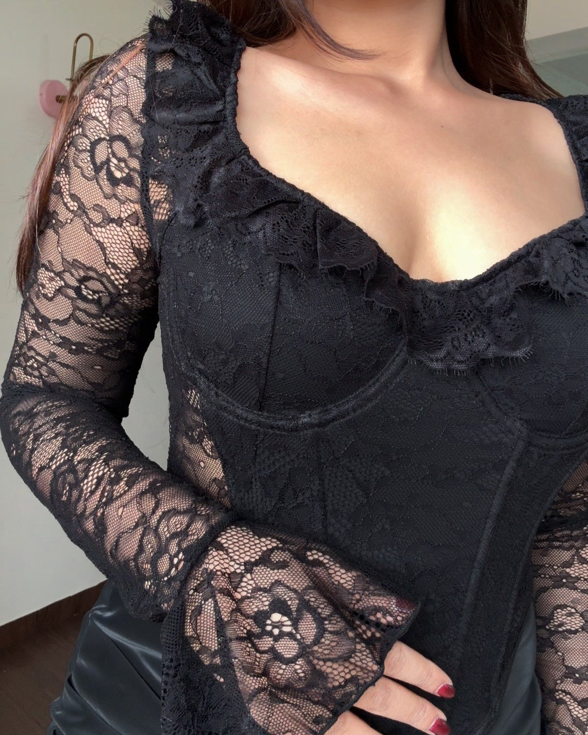 Sweetheart Bell Sleeves Ruffle Sheer Lace Corset Top