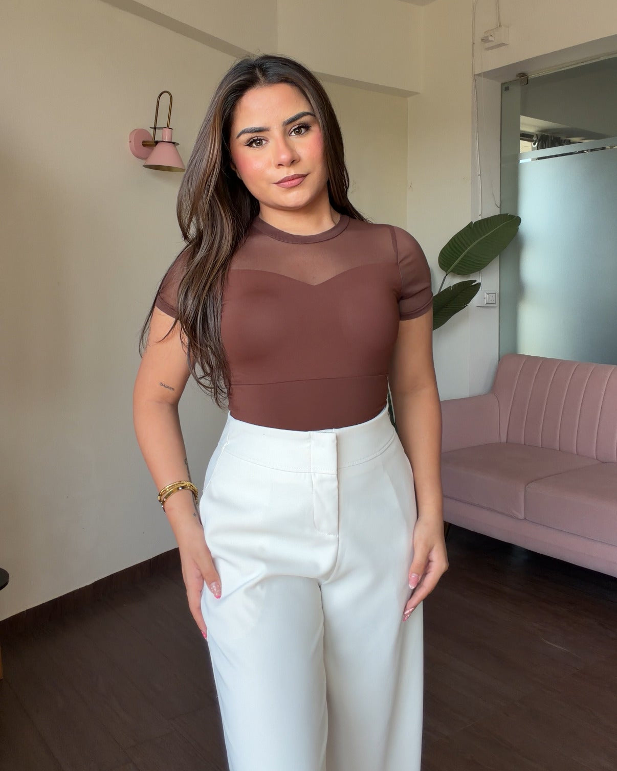 Sweetheart Mesh Round Neck Top