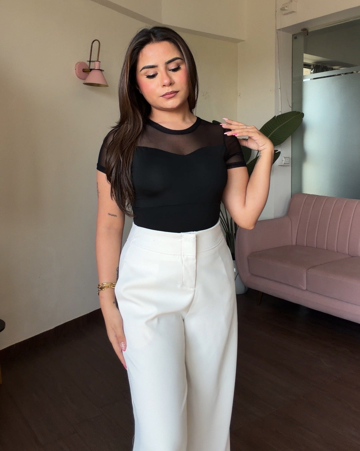 Sweetheart Mesh Round Neck Top