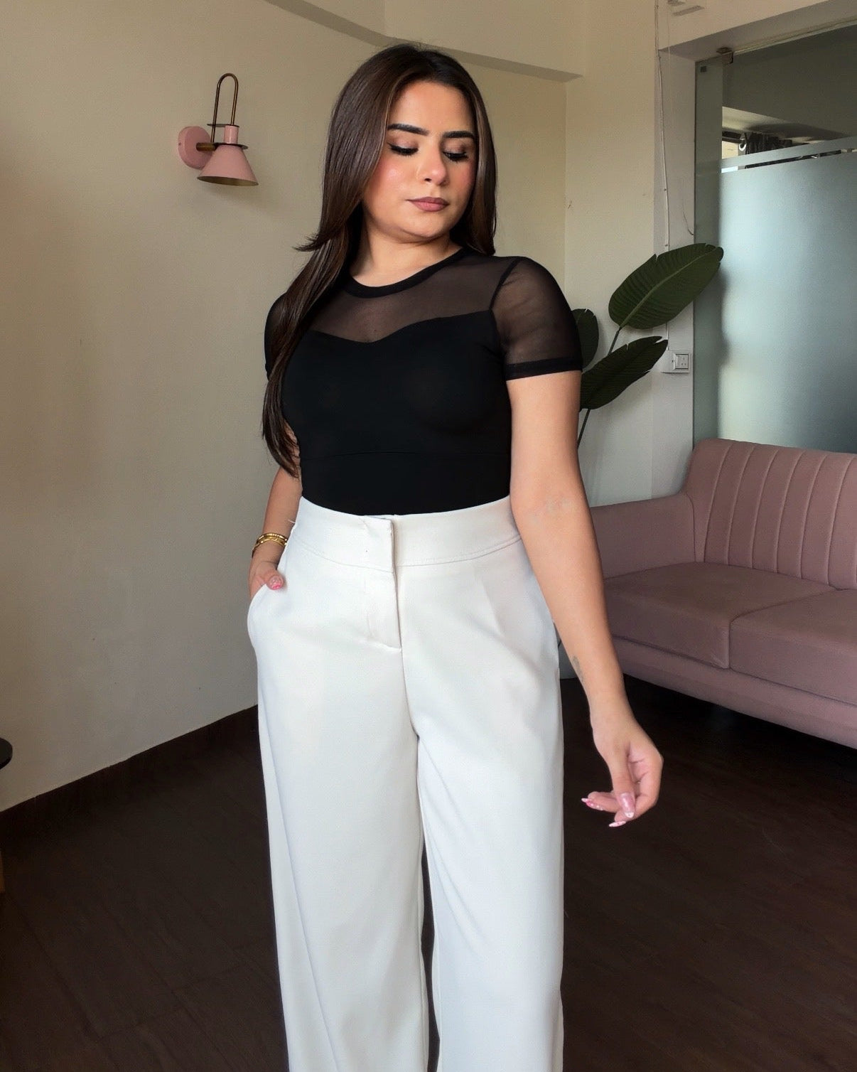 Sweetheart Mesh Round Neck Top