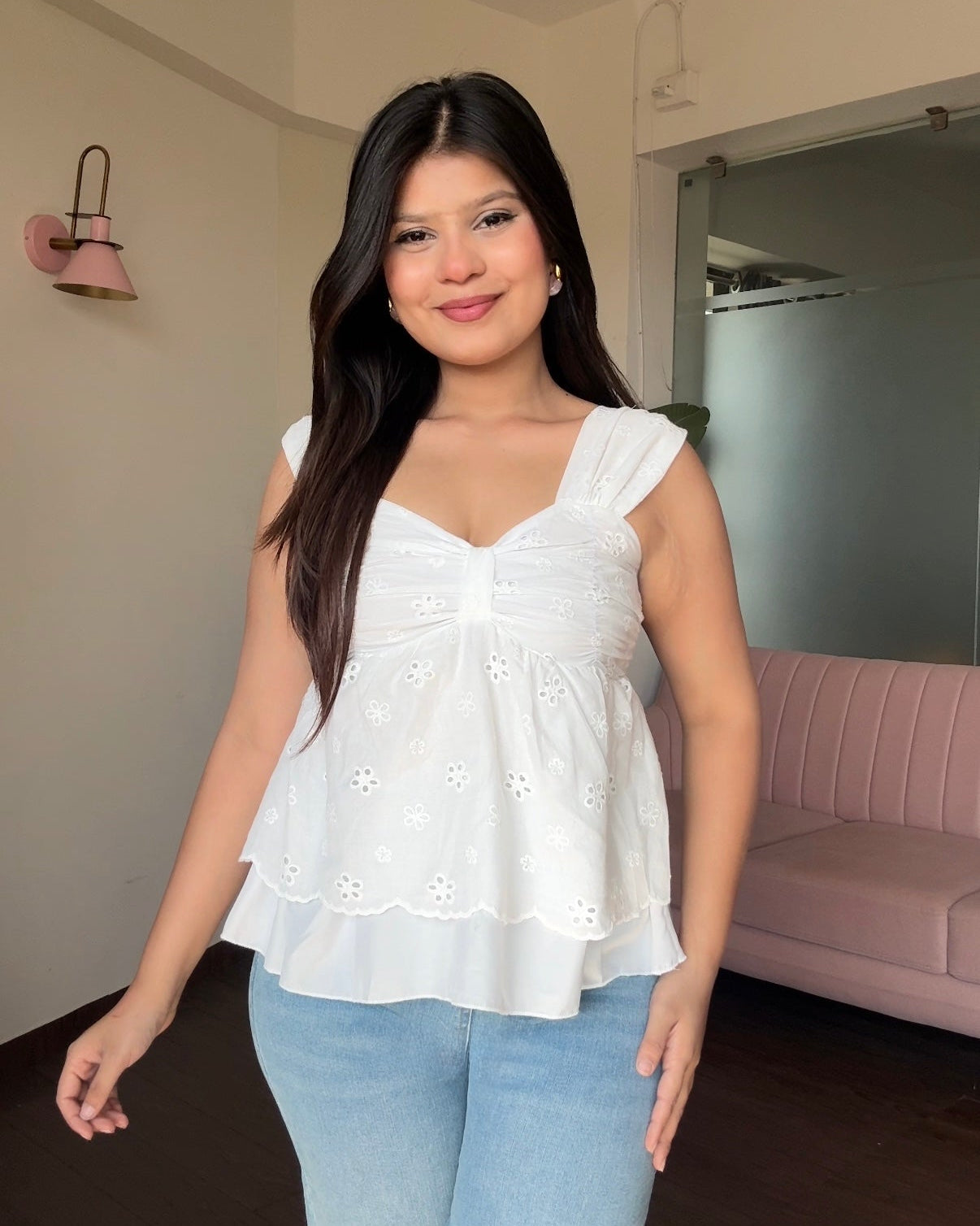 Sweetheart Neck Cut Work Summer Peplum Top