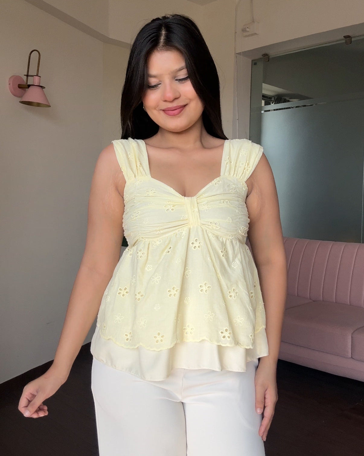 Sweetheart Neck Cut Work Summer Peplum Top