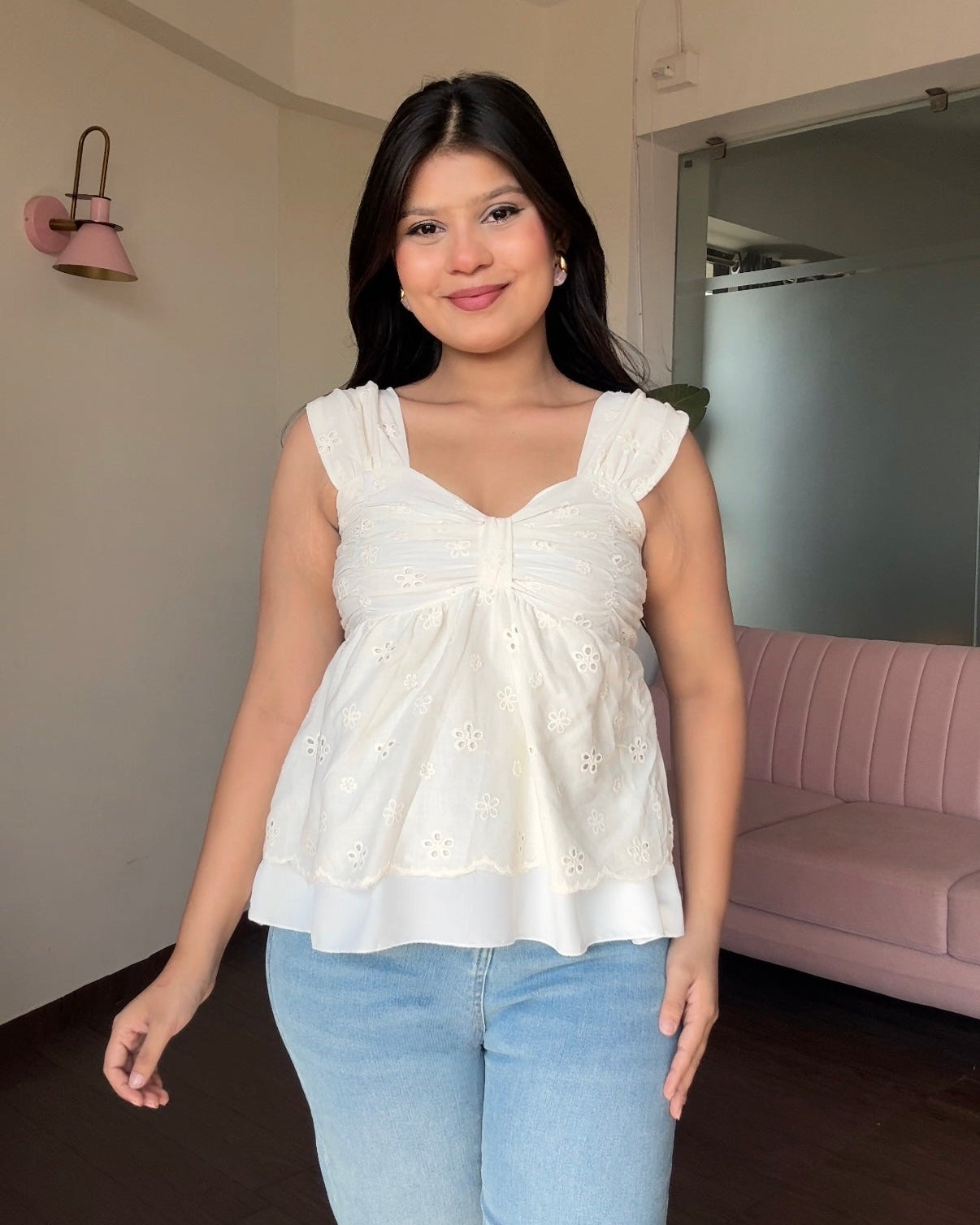 Sweetheart Neck Cut Work Summer Peplum Top