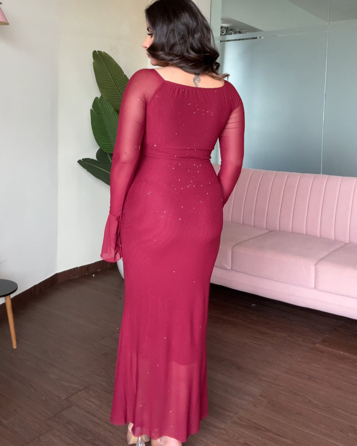 Sweetheart Necklace Rose Detail Sparkle Mesh Midi Dress