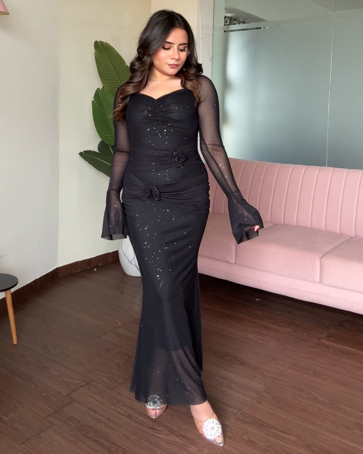 Sweetheart Necklace Rose Detail Sparkle Mesh Midi Dress