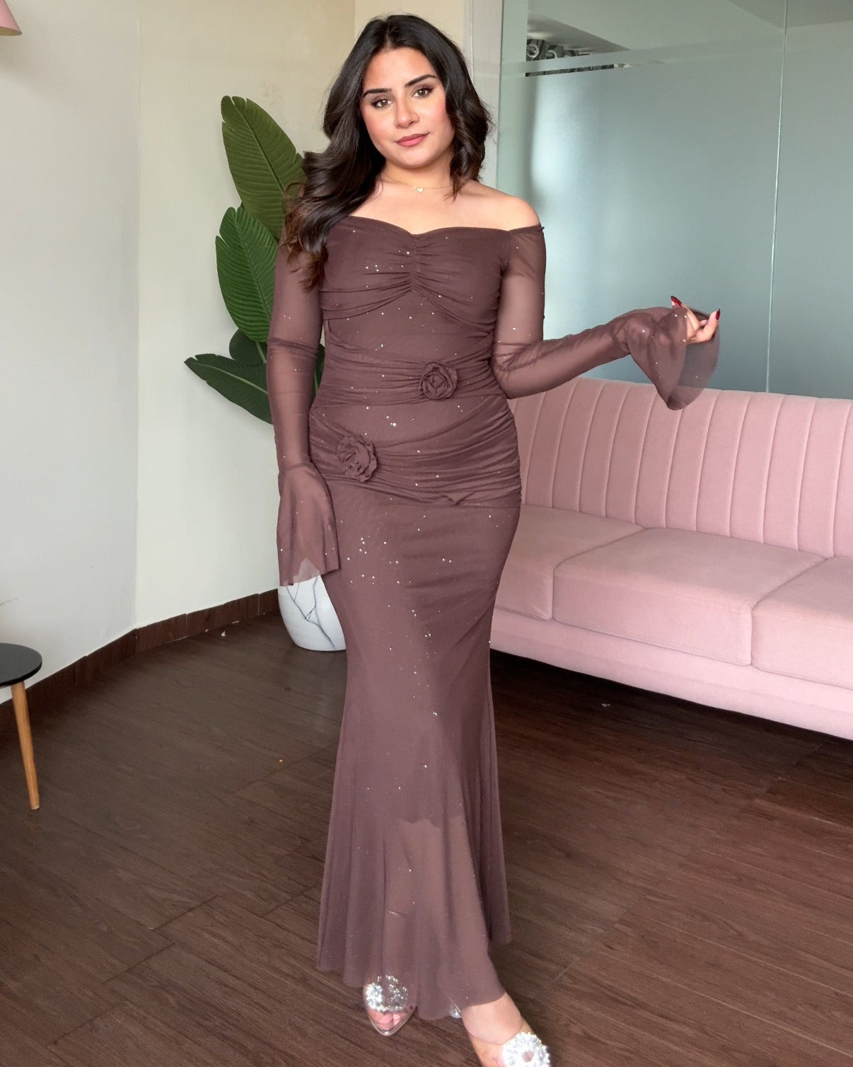 Sweetheart Necklace Rose Detail Sparkle Mesh Midi Dress