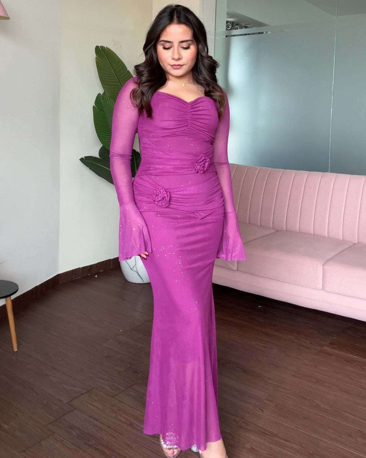 Sweetheart Necklace Rose Detail Sparkle Mesh Midi Dress