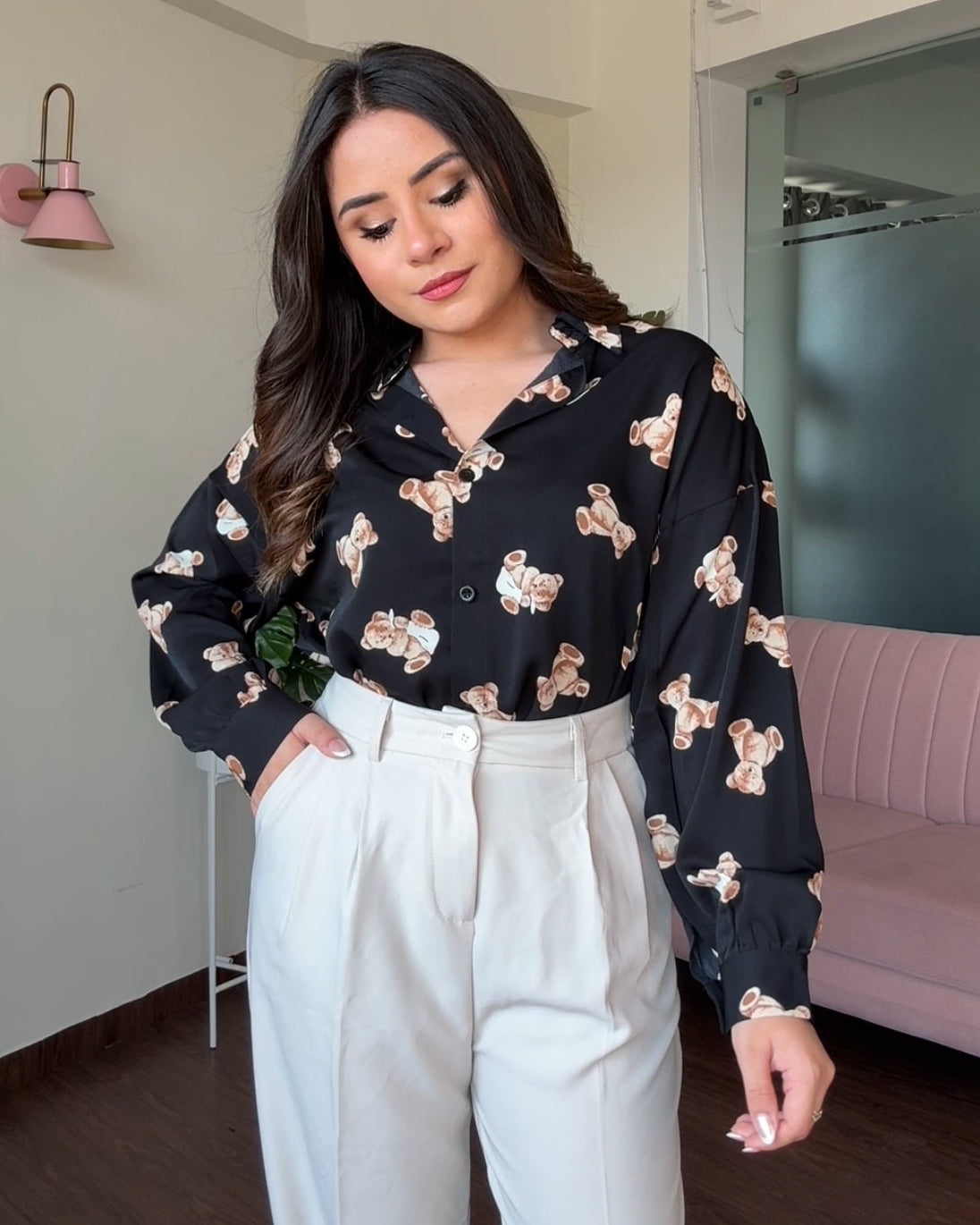 Teddy Print Crepe Shirt