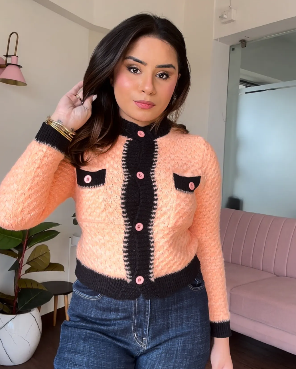Textured Black Contrast Cardigan