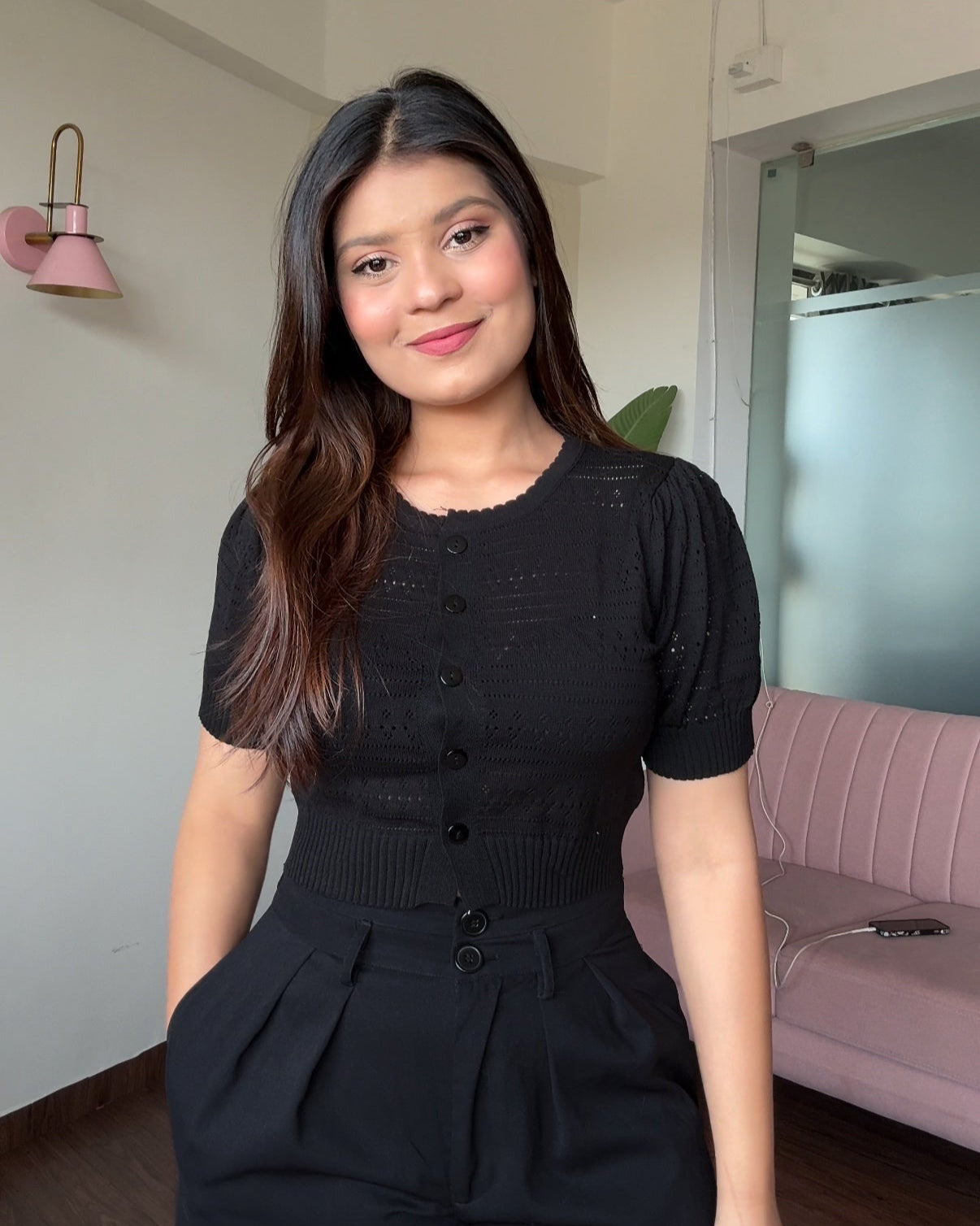 Textured Button Up Puff Sleeves Korean Top