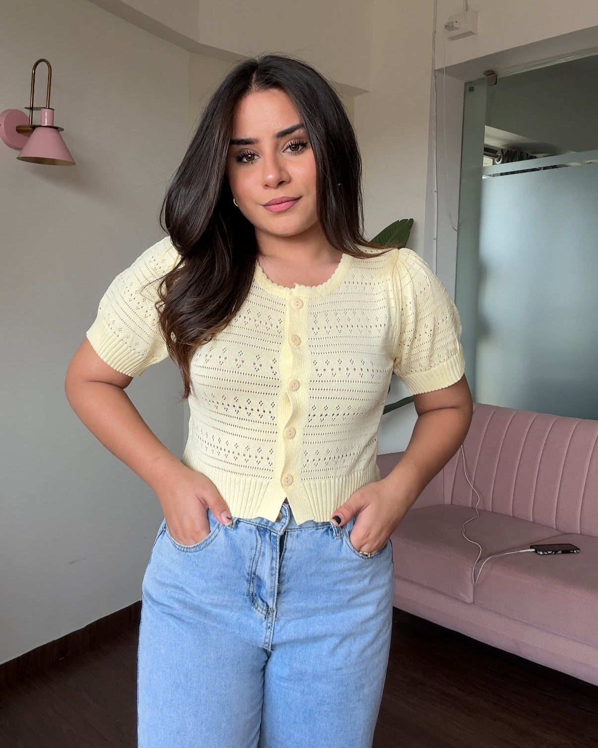 Textured Button Up Puff Sleeves Korean Top