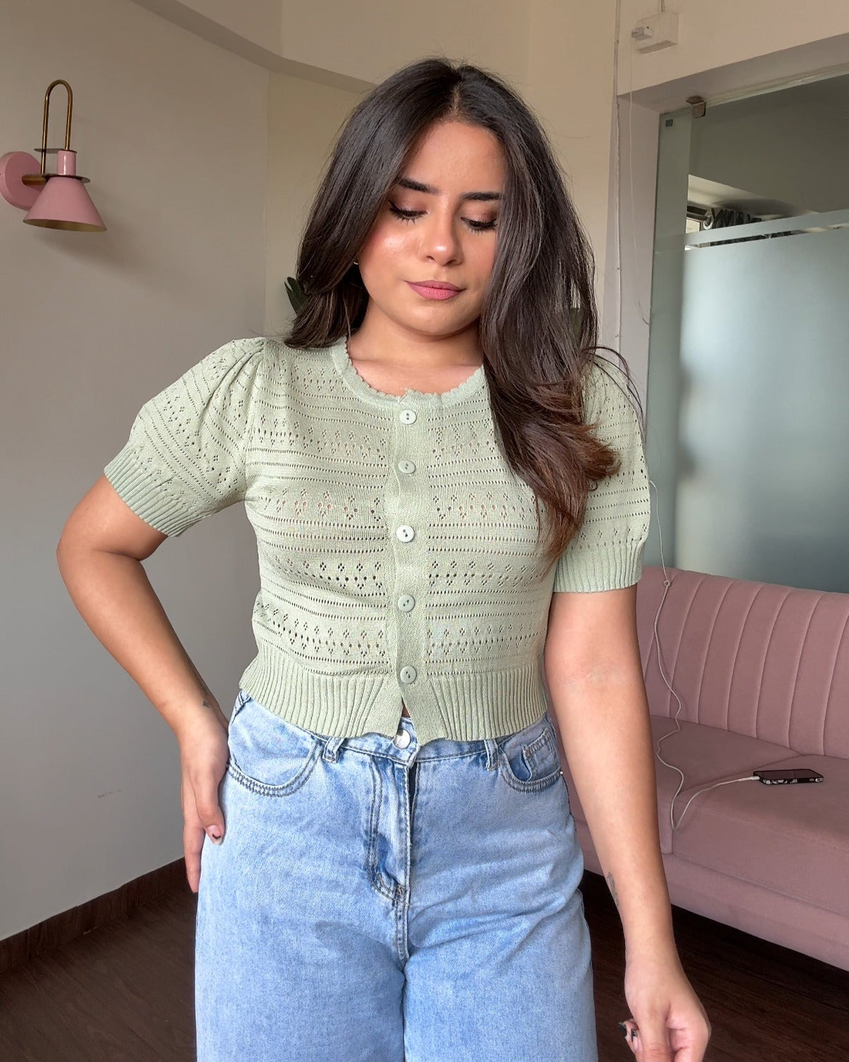 Textured Button Up Puff Sleeves Korean Top