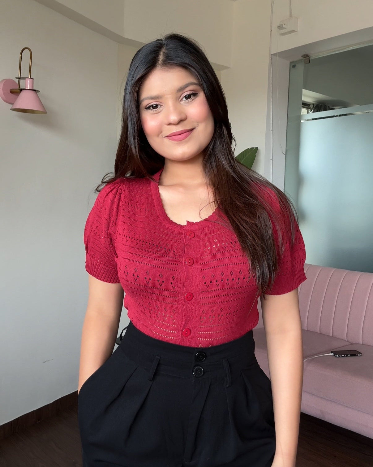 Textured Button Up Puff Sleeves Korean Top