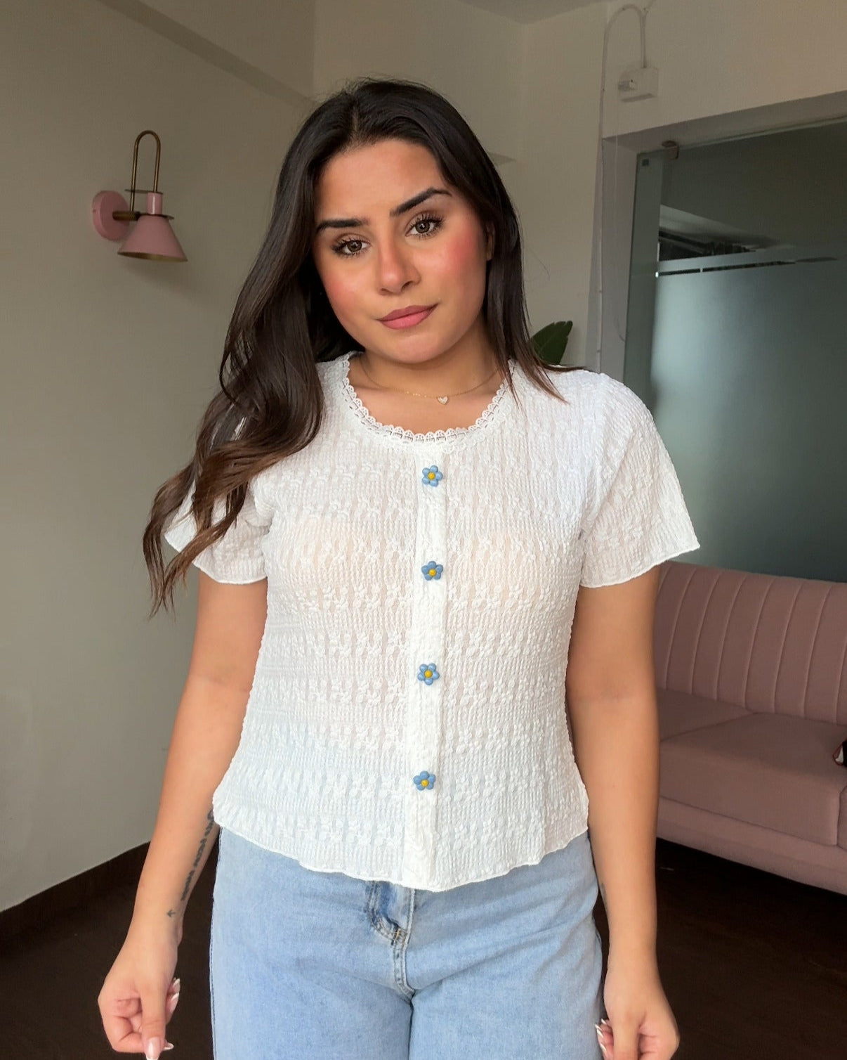 Textured Flower Button Lace Neckline Top