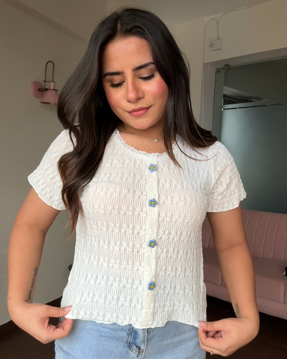 Textured Flower Button Lace Neckline Top