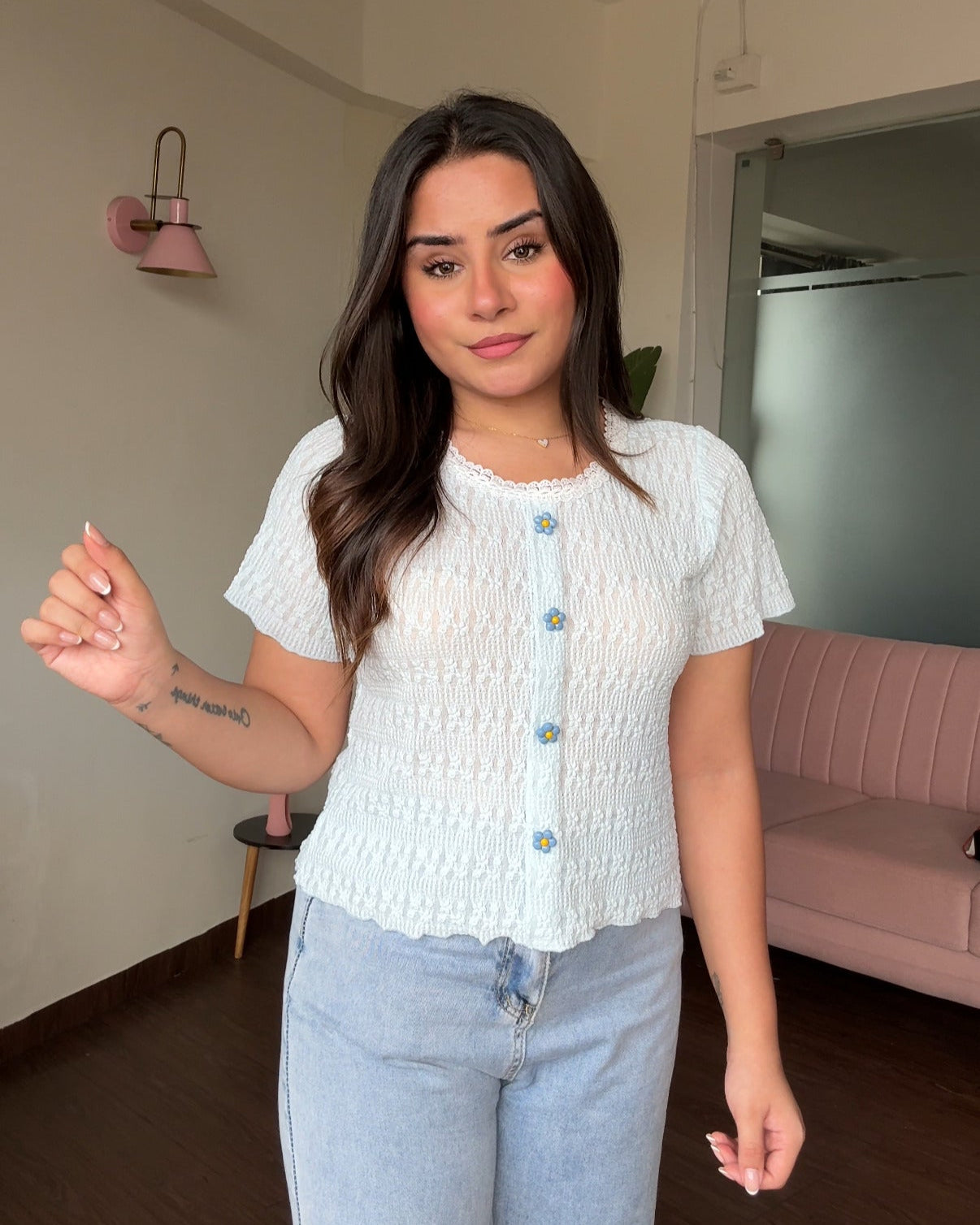 Textured Flower Button Lace Neckline Top
