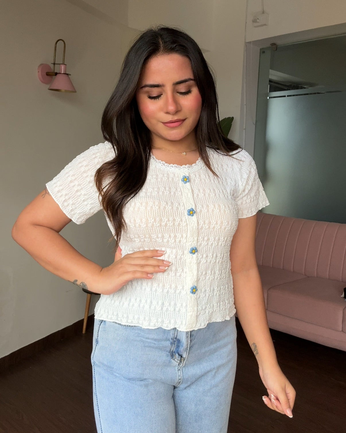 Textured Flower Button Lace Neckline Top