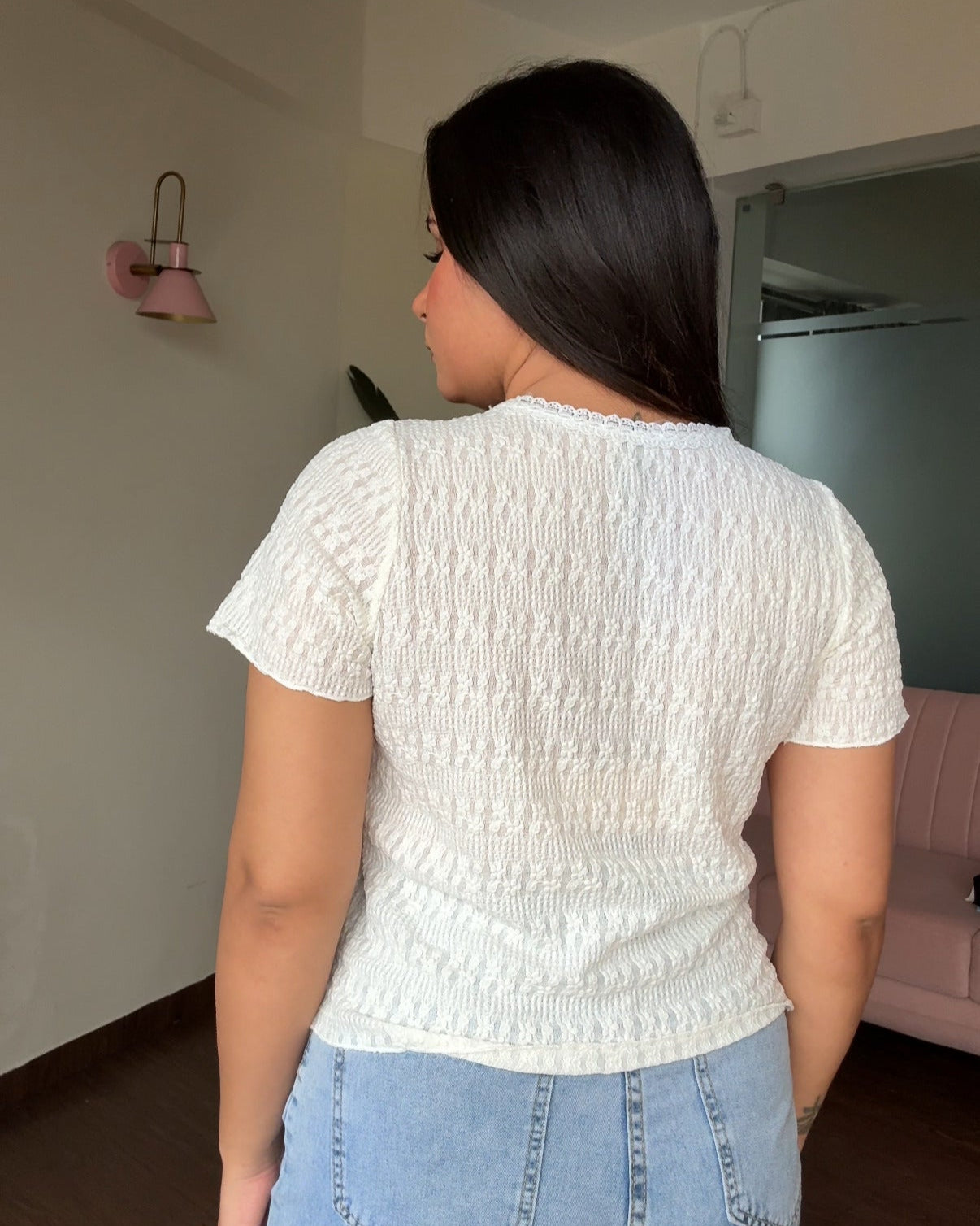Textured Flower Button Lace Neckline Top