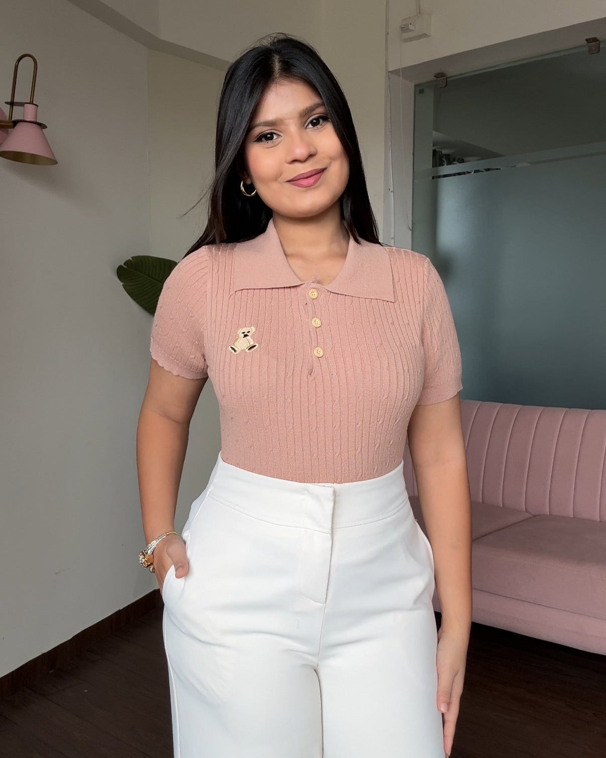 Textured Teddy Embroidered Polo Fitted Top