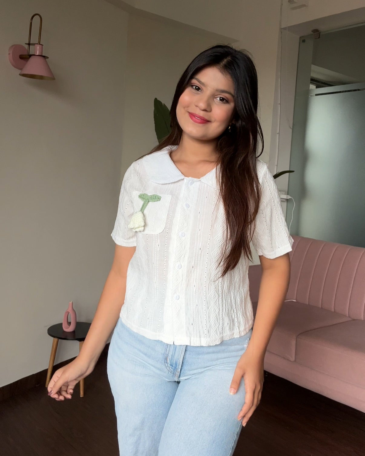 Textured summer shirt with crochet flower detailing