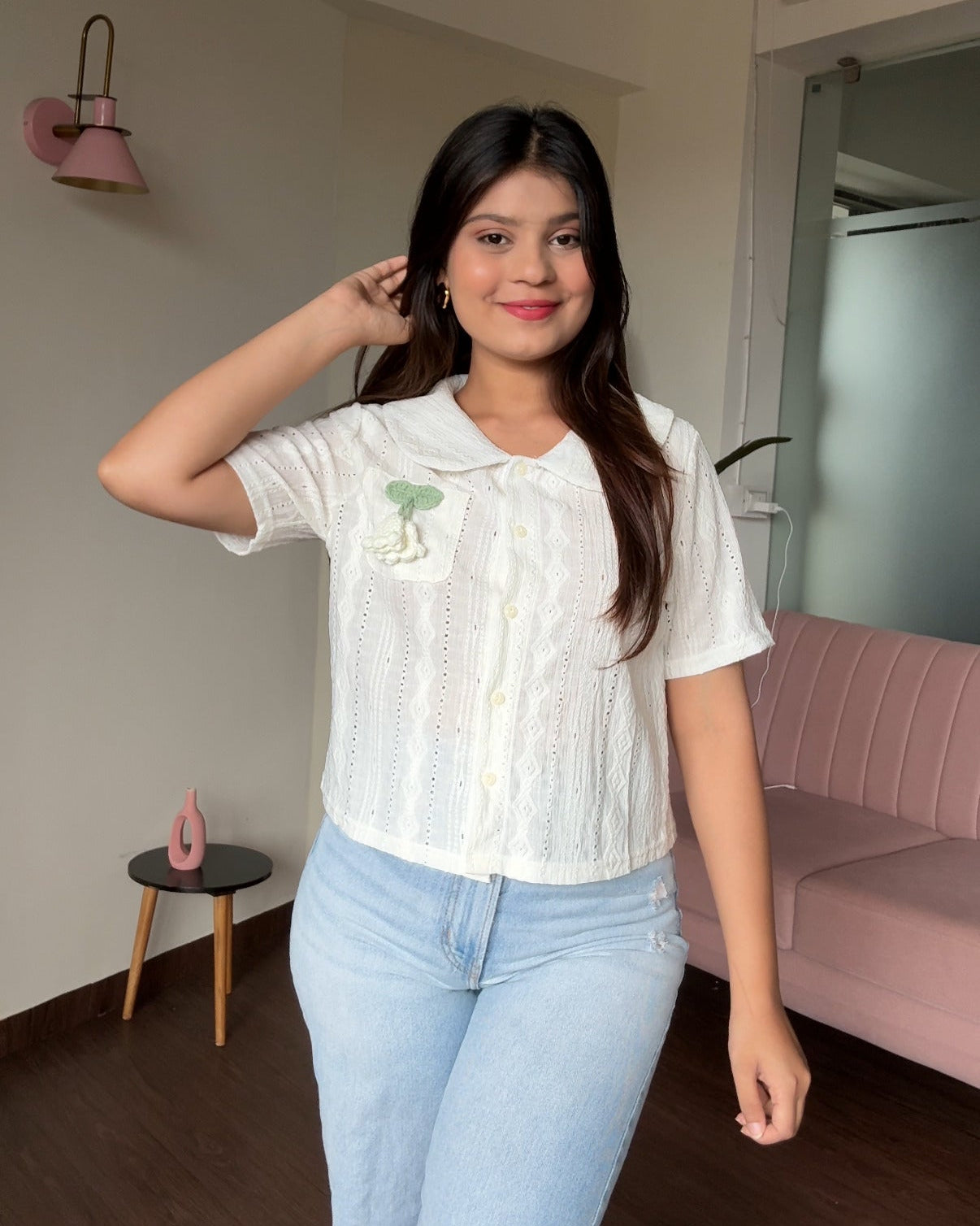 Textured summer shirt with crochet flower detailing
