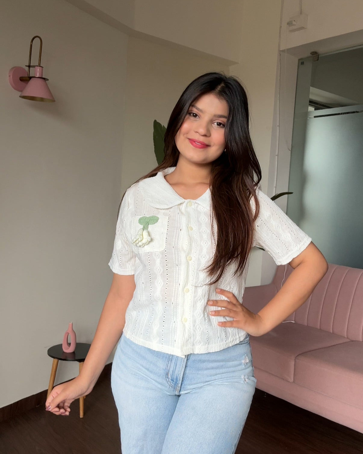 Textured summer shirt with crochet flower detailing