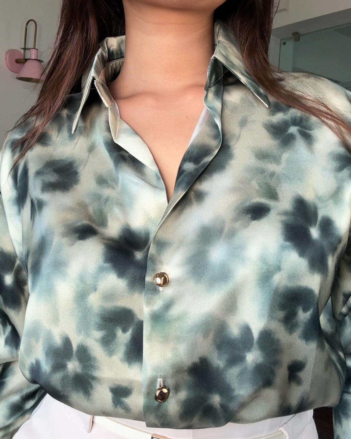 Tie Dye Teal Printed Satin Shirt