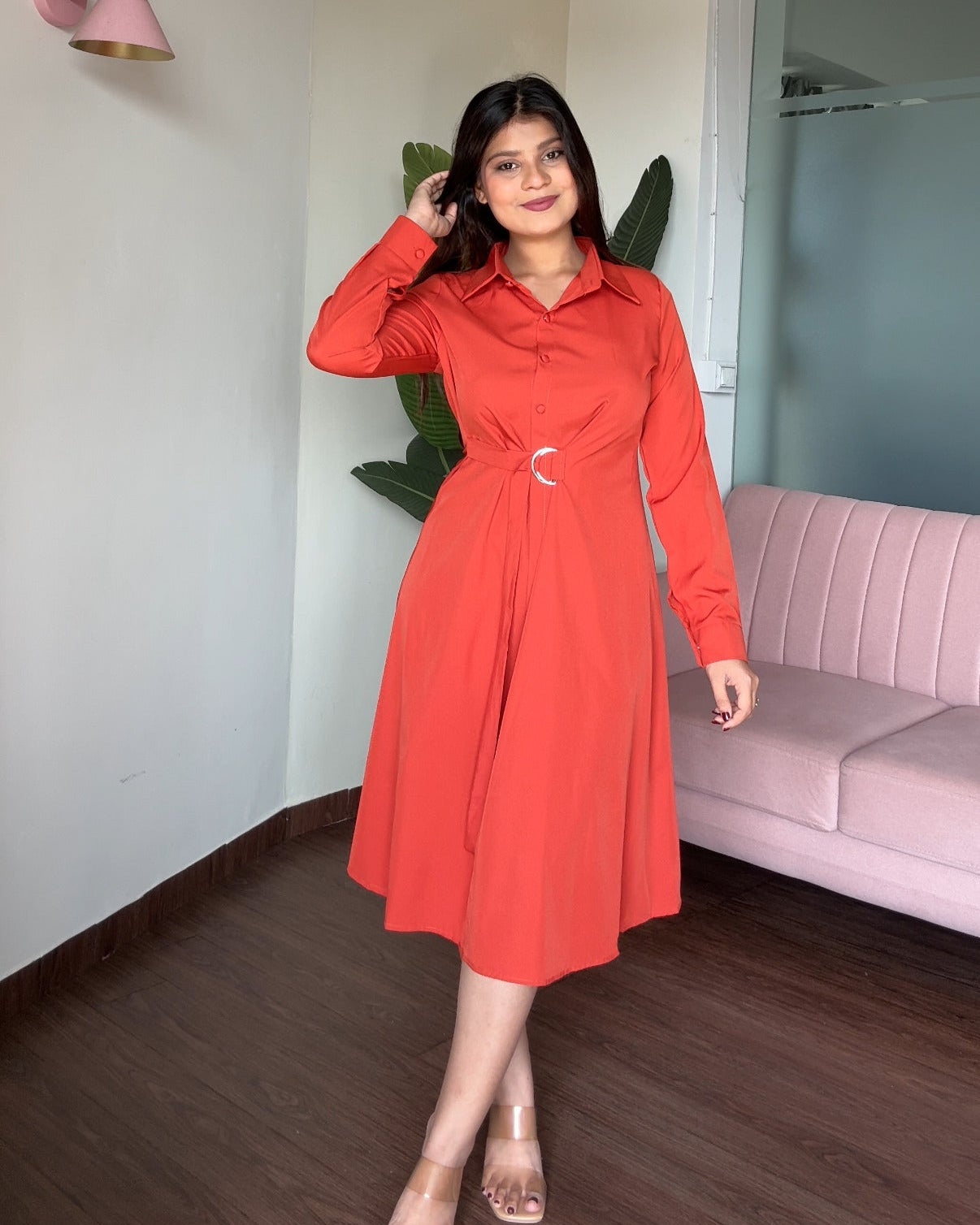 Tie Up Belted Shirt Dress