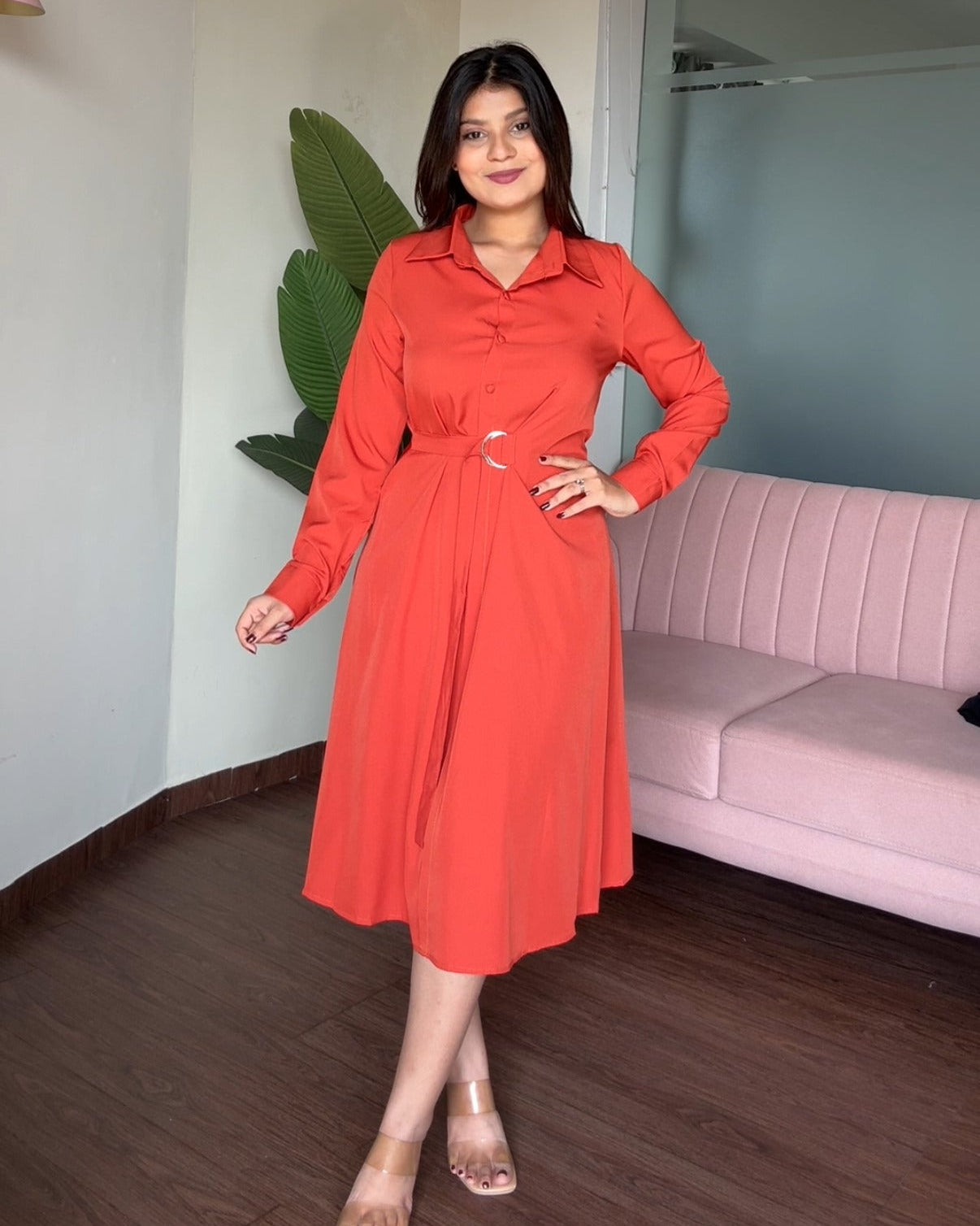 Tie Up Belted Shirt Dress