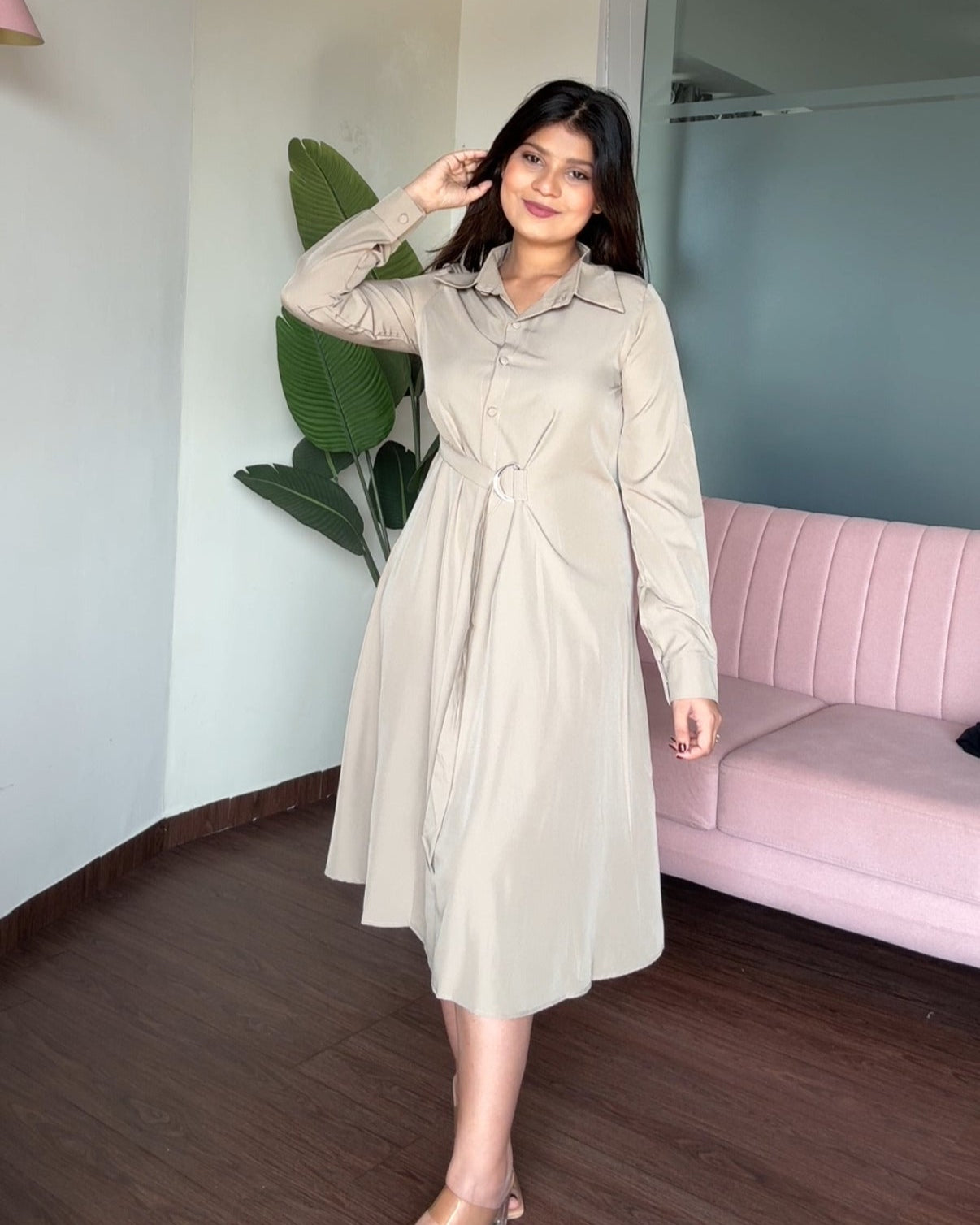 Tie Up Belted Shirt Dress