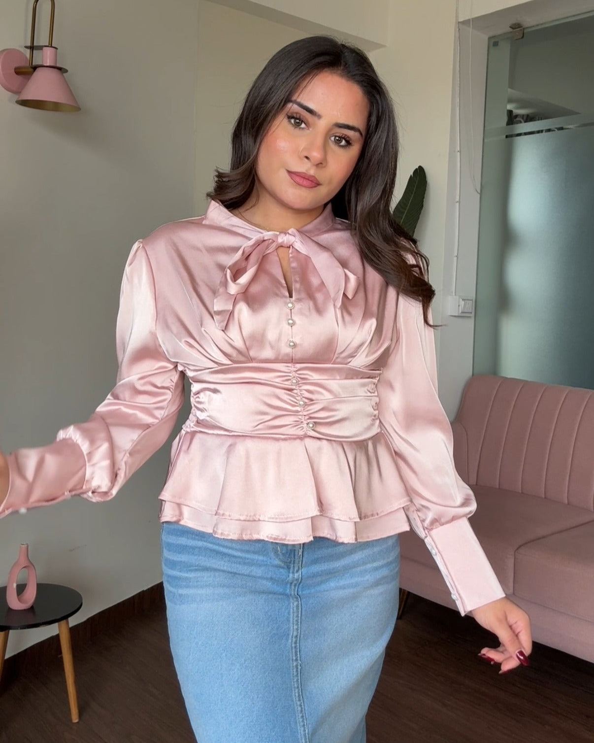 Tie Up Satin Peplum Korean Top