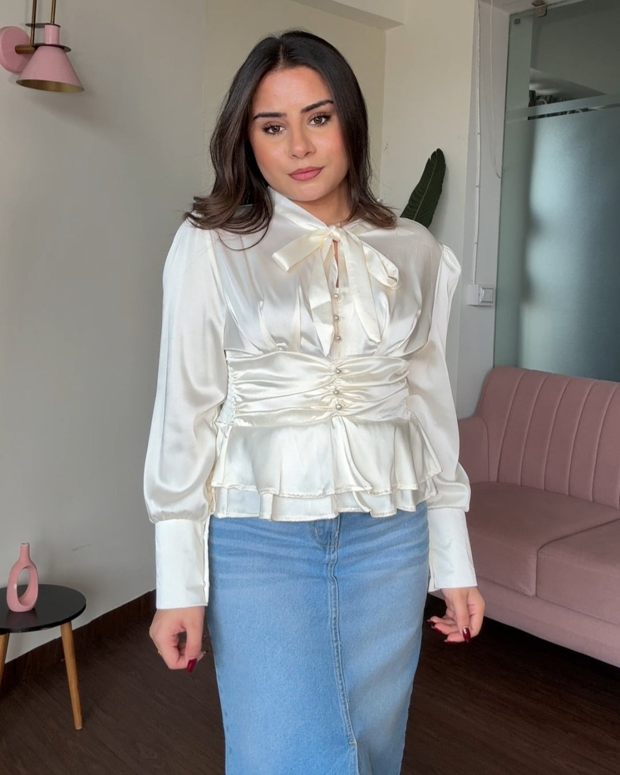 Tie Up Satin Peplum Korean Top