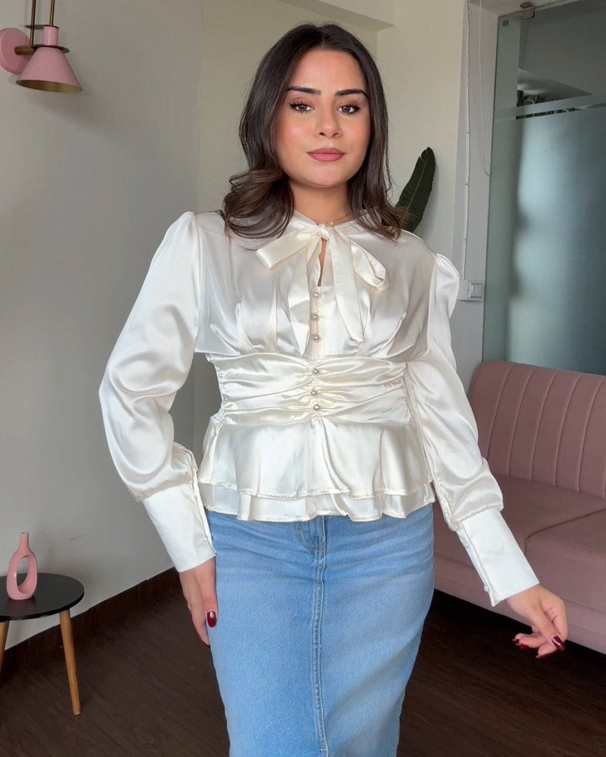 Tie Up Satin Peplum Korean Top