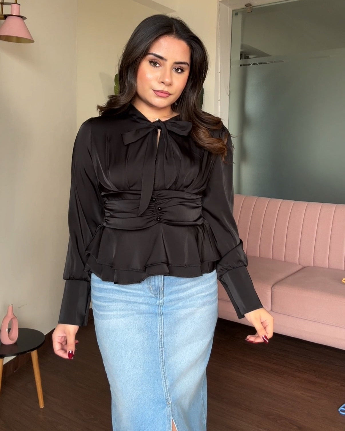 Tie Up Satin Peplum Korean Top