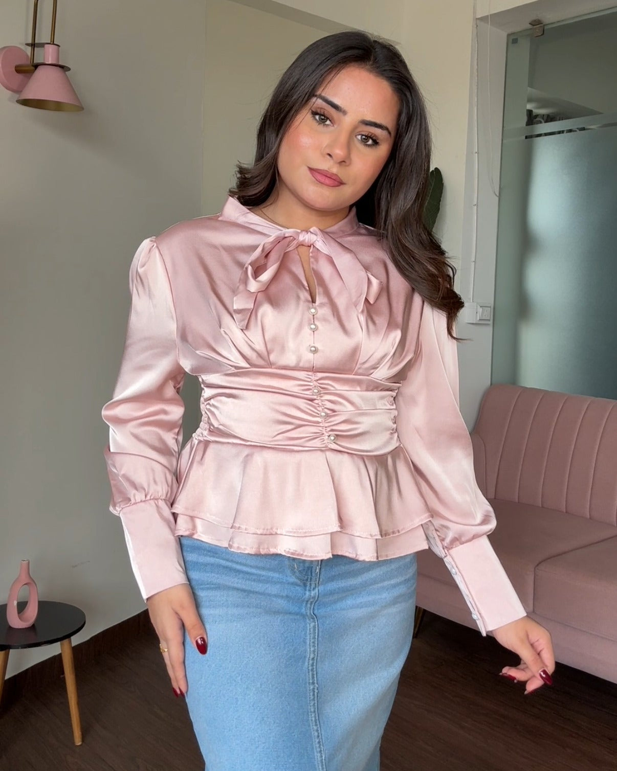 Tie Up Satin Peplum Korean Top