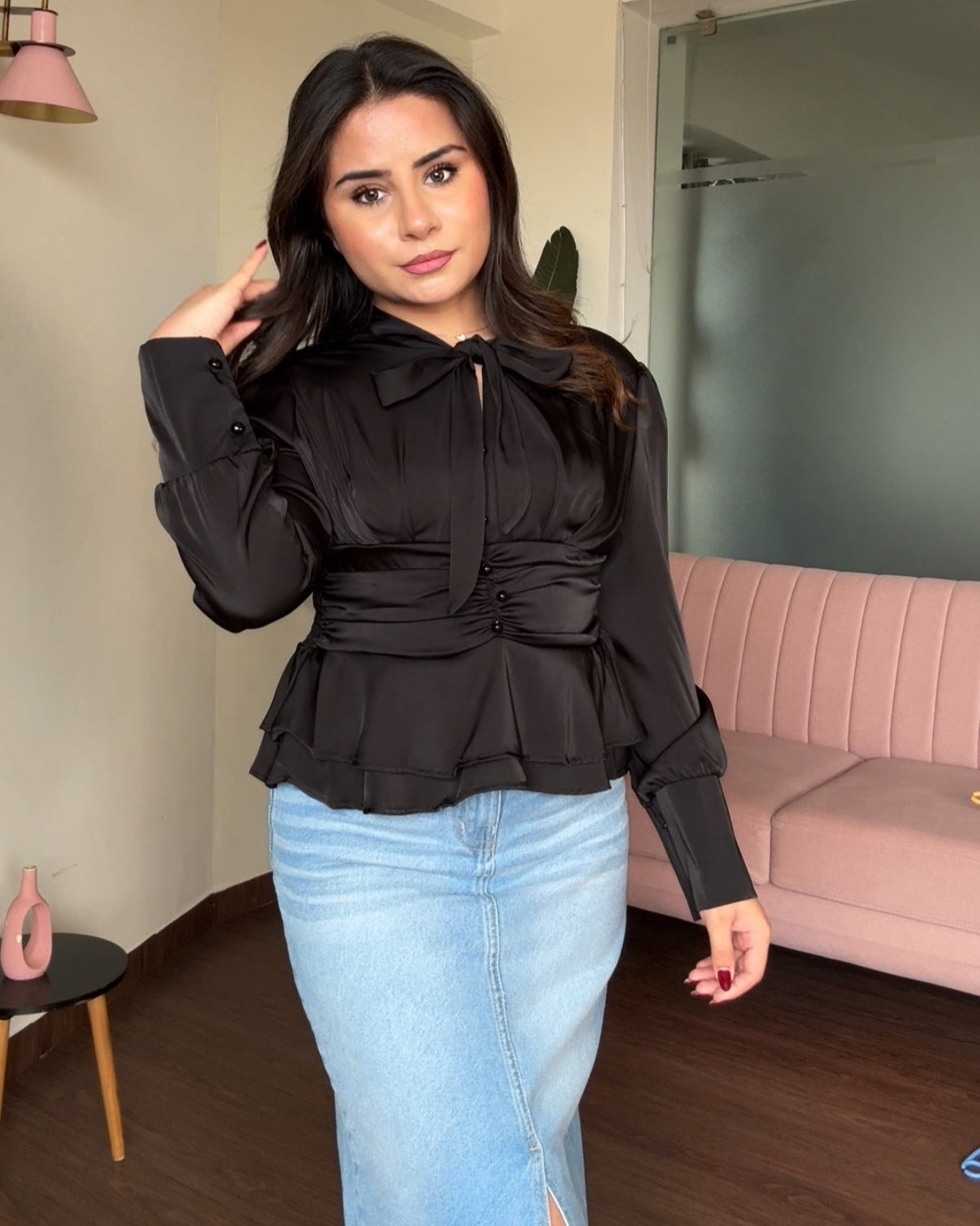 Tie Up Satin Peplum Korean Top
