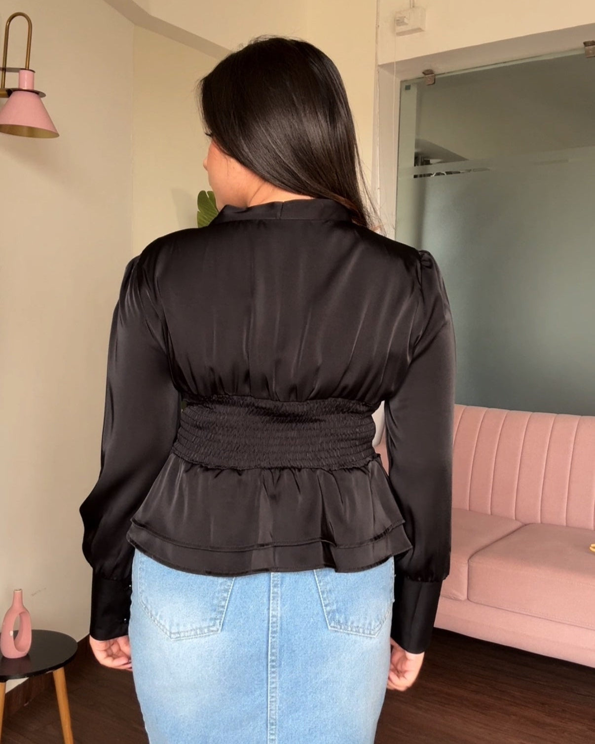 Tie Up Satin Peplum Korean Top